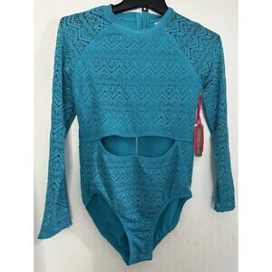 Justice Girls Crochet Rash Guard Swimsuit One Piece Turquoise UPF 50+ Size 16/18